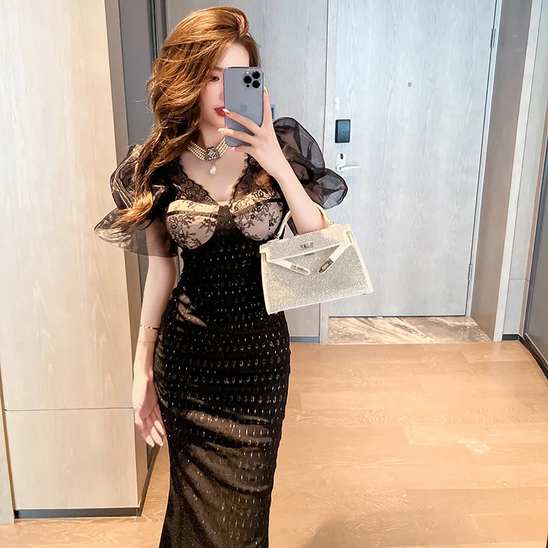 

Coigarsam Long Dress Women Summer New Office Lady French Style Solid Puff Sleeve Zipper Mesh Black Dresses