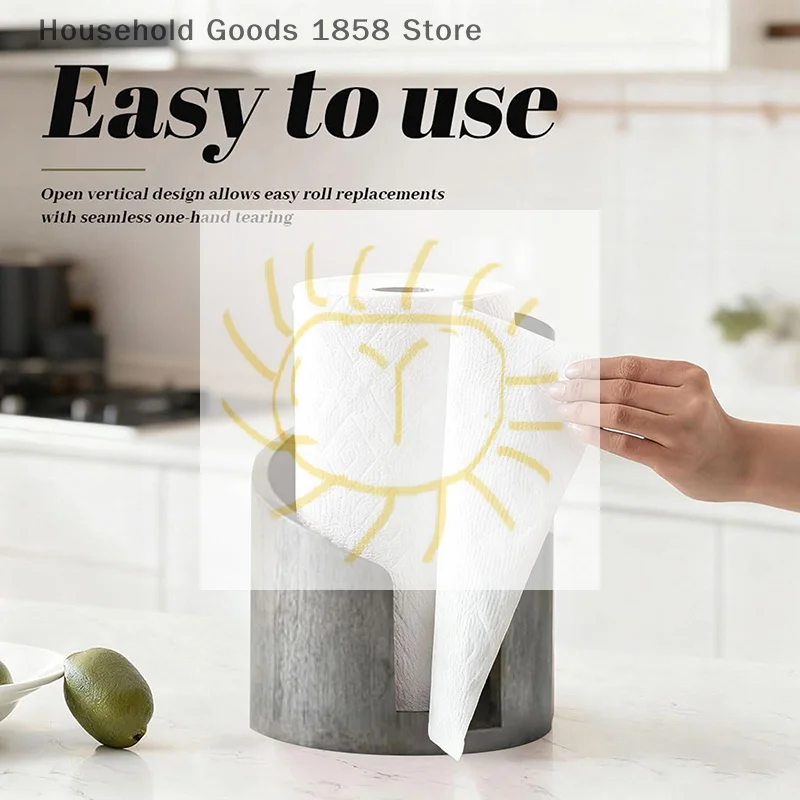 1pc Mountain Paper Towel Holder Countertop With Mango Wood Round Base And Iron Holder, Brown Natural Wood Paper Towel Holder