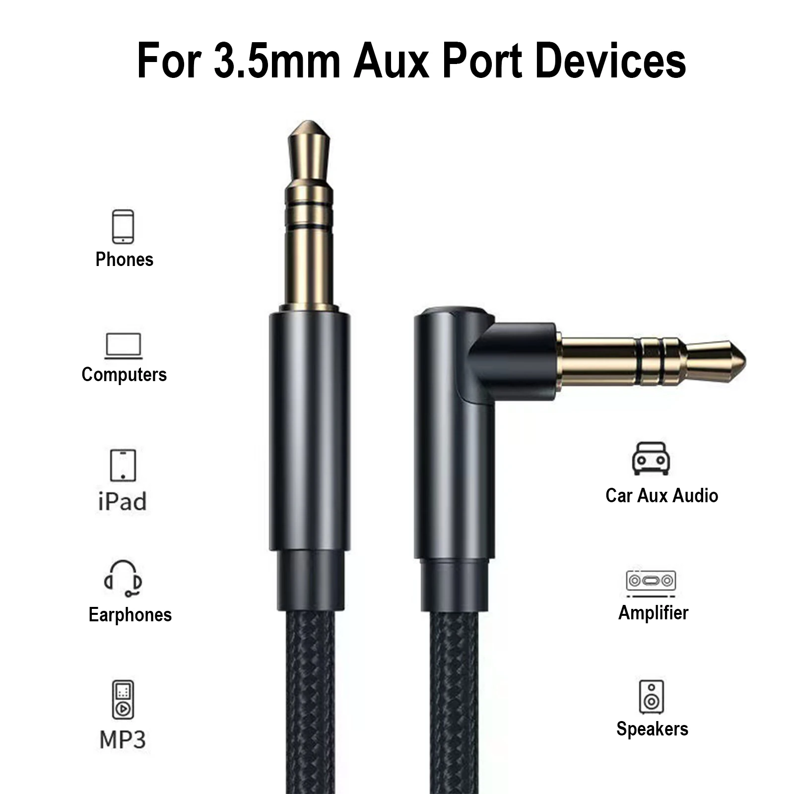 3.5mm Aux Cord 90° Right Angle 3.5MM Male to Male HiFi Stereo Audio Cable for Phones, Tablets, Headphones, Speakers, Laptops.