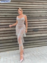 2025 Shiny Rhinestones Tassel Prom Dress Sexy Illusion Evening Dresses Luxury Sheath Cocktail Dresses Customized Robe De Mariée