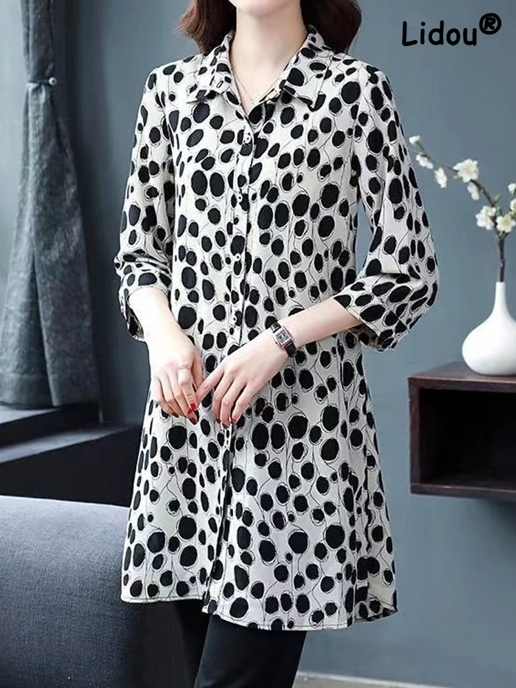 Elegance Fashion Printing Big Polka Dots Single-breasted Extended Section Top Women 3/4 Sleeve Turn-down Collar Chiffon Shirt