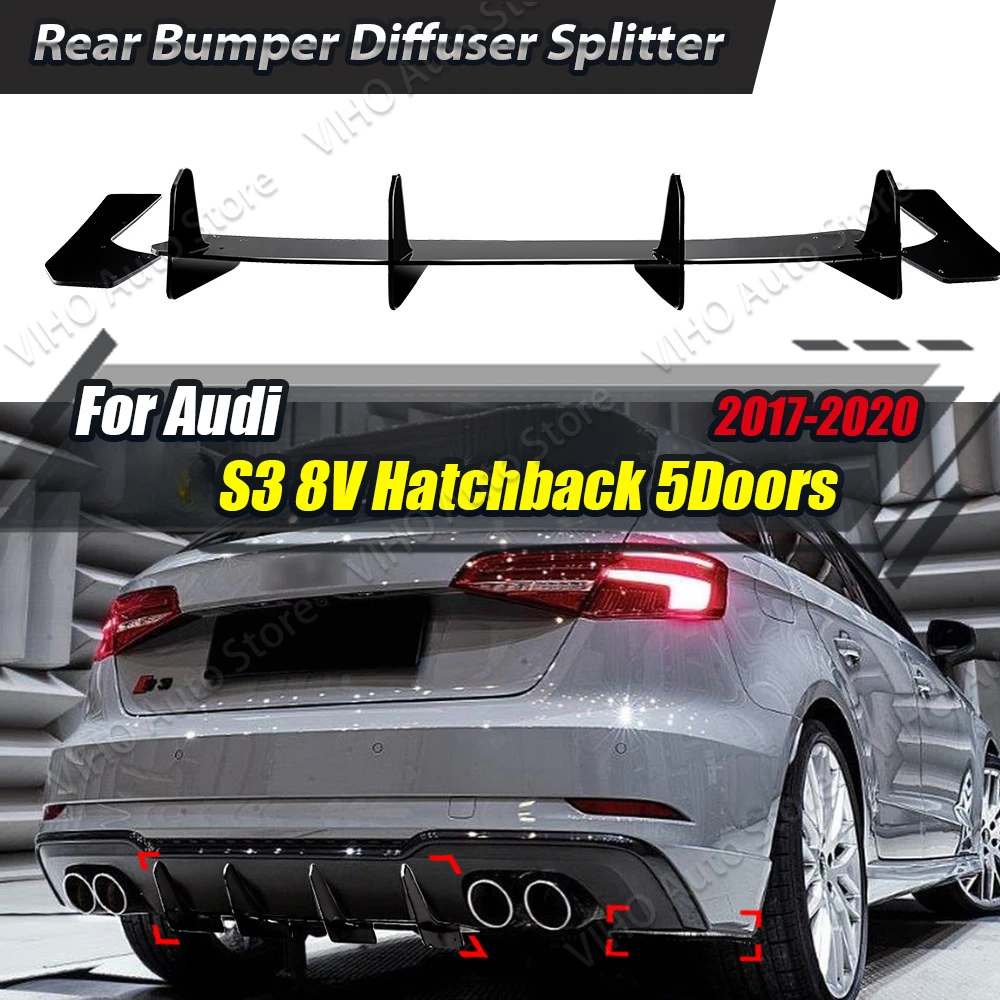 For AUDI S3 8V Hatchback 5 Doors 2017-2020 Car Rear Bumper Lip Spoiler 4 Fin Shark Style Diffuser Splitters Tunning ABS Black