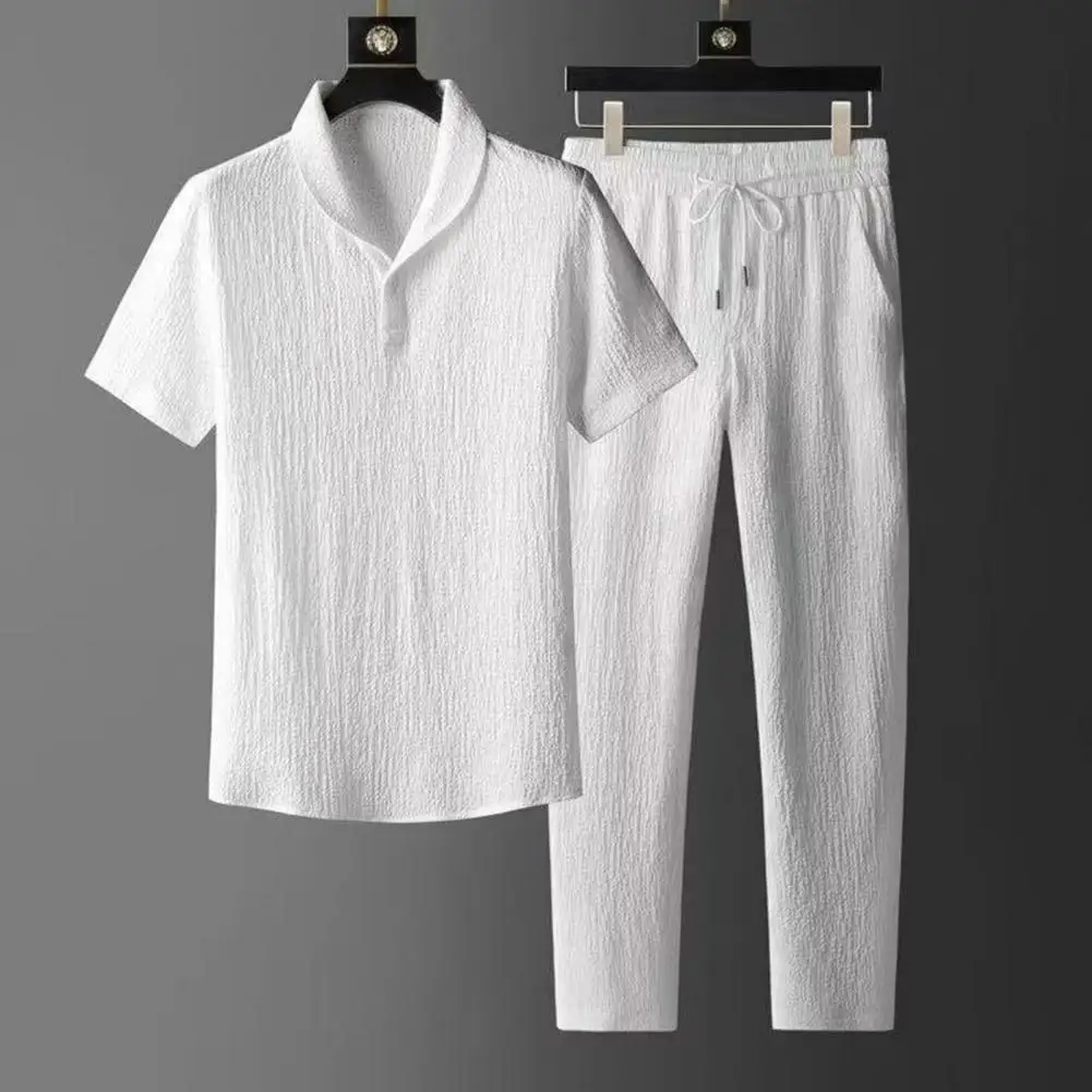 Men Casual Two-piece Suit Lapel Short Sleeve Shirt  Summer Ultra-Thin Ice Silk Outfit for Home And Daily Wear
