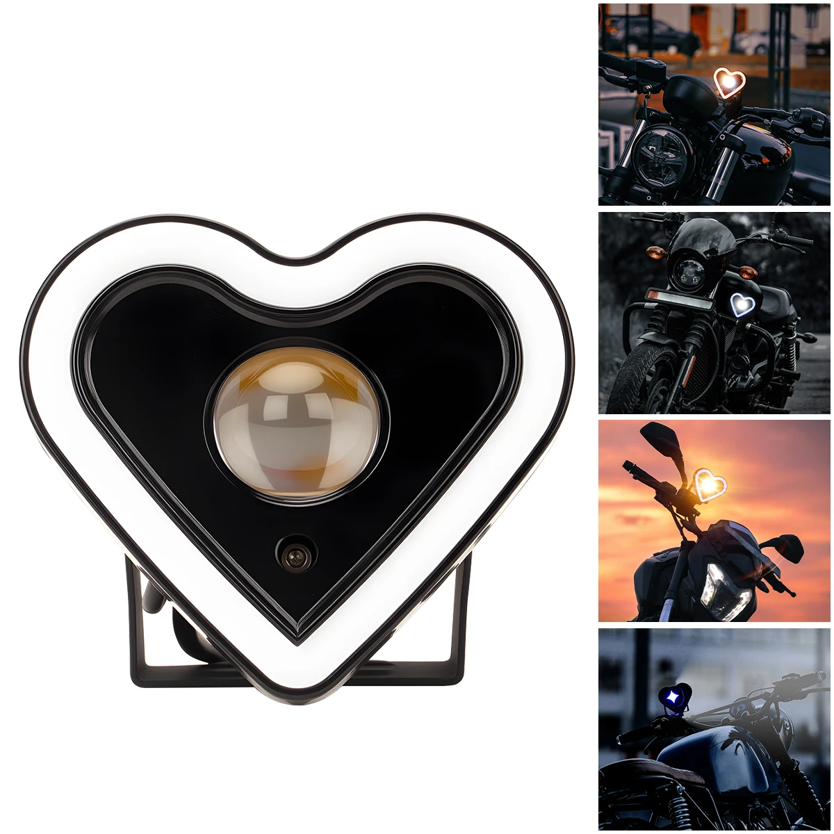 Motorcycle LED Spotlight Heart-shaped Headlight High Low Beam Flash Light RGB Aperture External Motor Headlight White Yellow