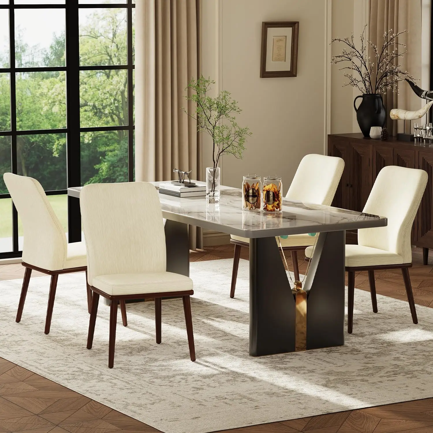 

Chairs Set of 4, Modern Fabric Upholstered Chair with Wooden Legs for Kitchen Dining Room and Cafe, Beige