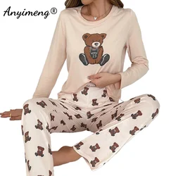 New Autumn Winter Cute Bear Print Pajamas for Women Long Sleeves Full Pants Sleepwear Milk Silk Nightwear Round Collar Homewear