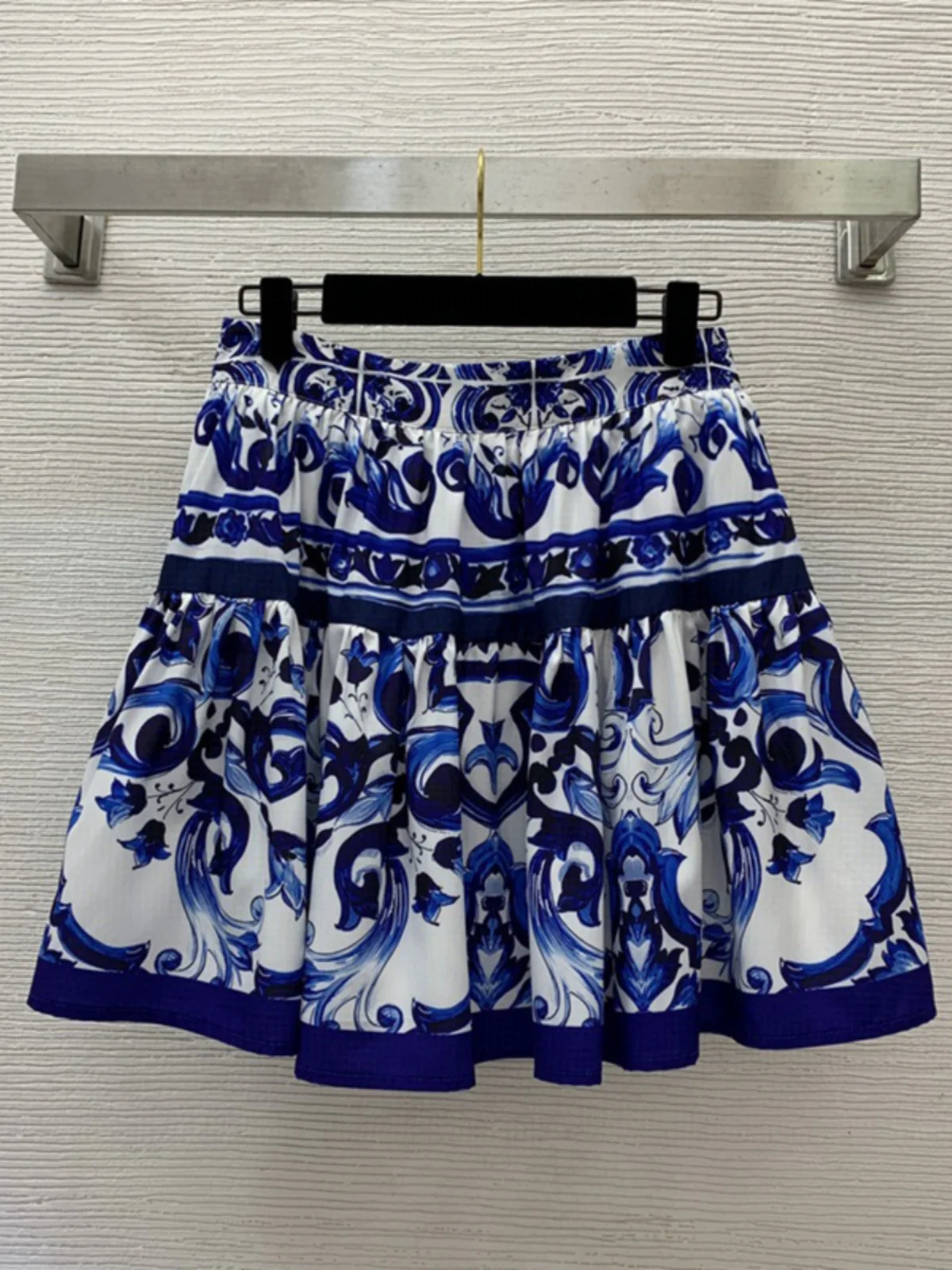 

Trendy Mediterranean Series Blue And White Porcelain Print High Waist Flared A-Line Skirt for Women Summer Holiday