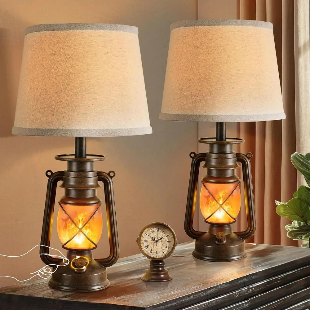 

Rustic Vintage LED Lantern Table Lamps Set of 2, Ideal for Bedroom or Living Room, Perfect for Halloween Decor