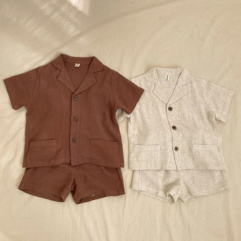 Summer Korean Style Children Clothing Suit Short Sleeved Cotton Solid Color Shirt+Shorts Baby Boys Girls Clothes Set