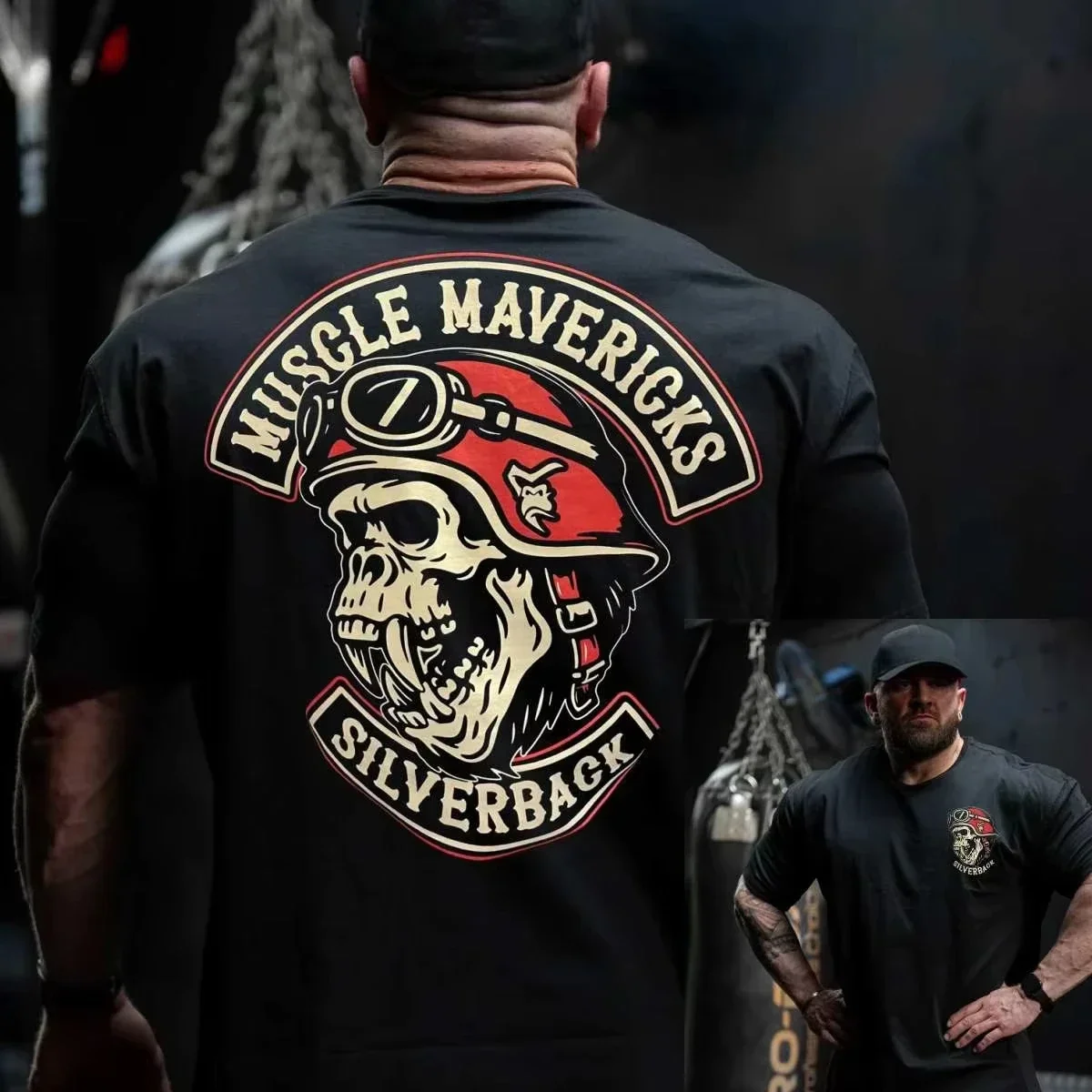 2026 New Silver Back Muscle Mavericks Men's Gym T-Shirt Biker Skull Gorilla Graphic T Shirt for Oversized Street Man Clothes
