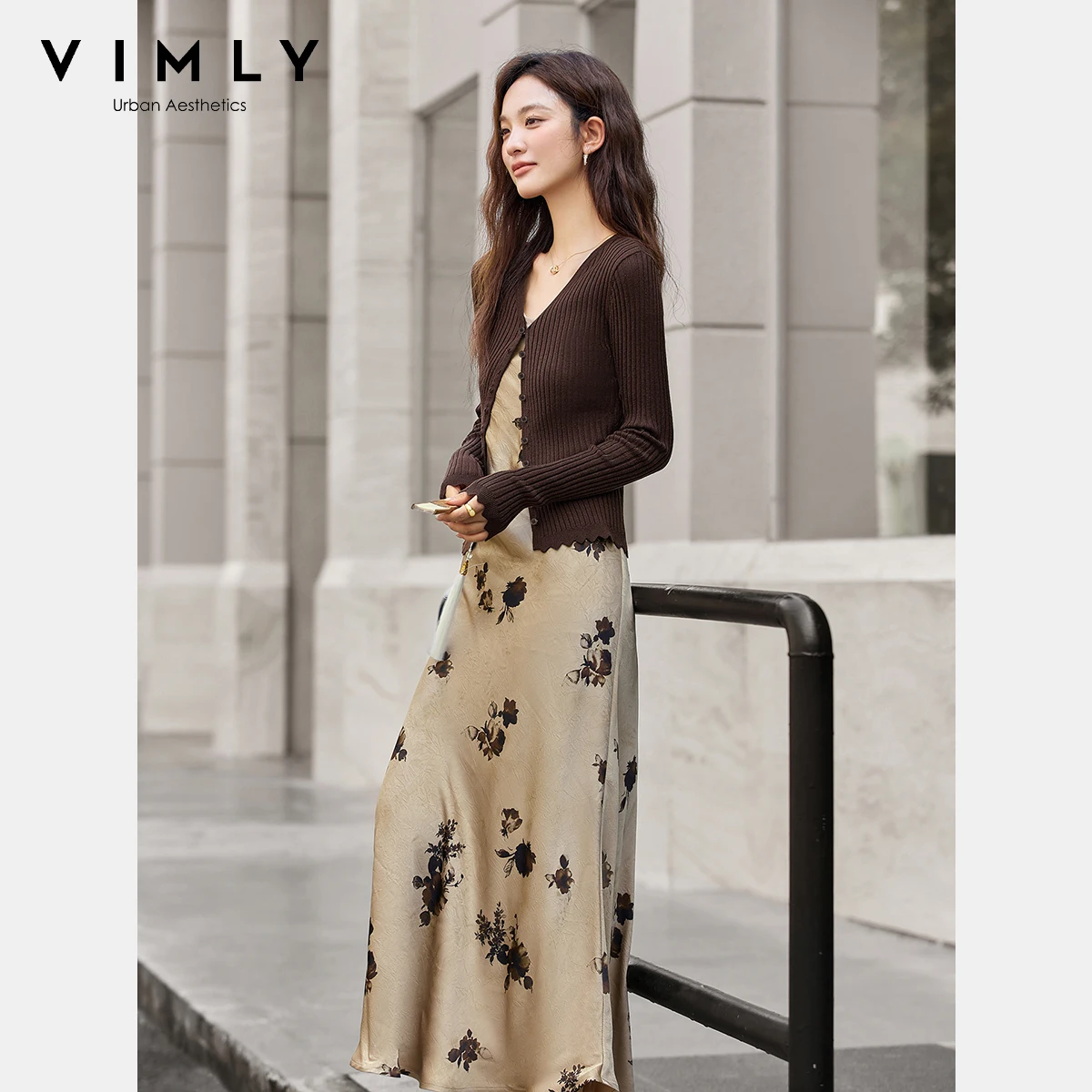 VIMLY 女性ドレスセット 2 枚秋 2025 ブラウンニットスリムカーディガンロングサスペンダードレスエレガントな女性のスーツ A2396