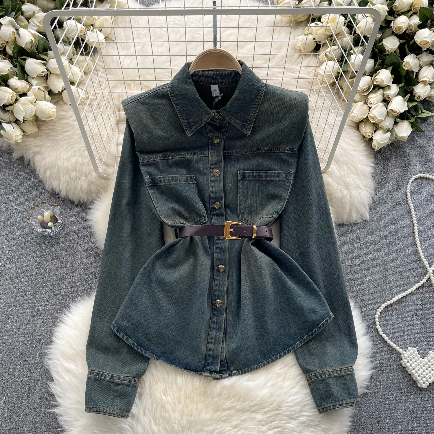 

European Vintage HIgh Grade Denim Shirts for Women Autumn Slim Long Sleeve Coats with Belt Loose Tops Women's Clothing