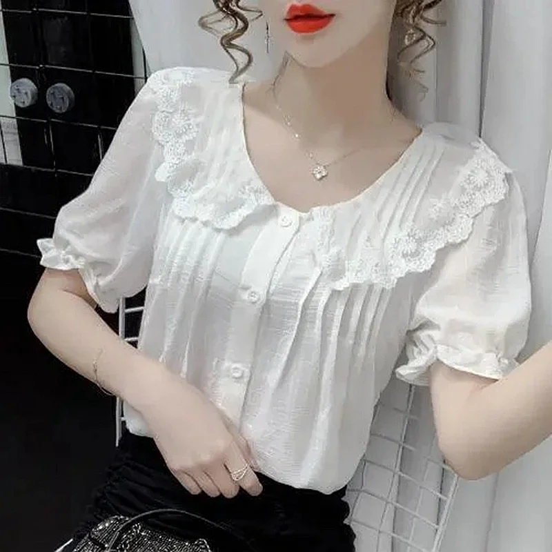 Vintage Lace Patchwork White Shirts Summer Women 2024 Korean Fashion Clothing Slim Sweet Girls Puff Sleeve Tops Y2k Blouses Pink