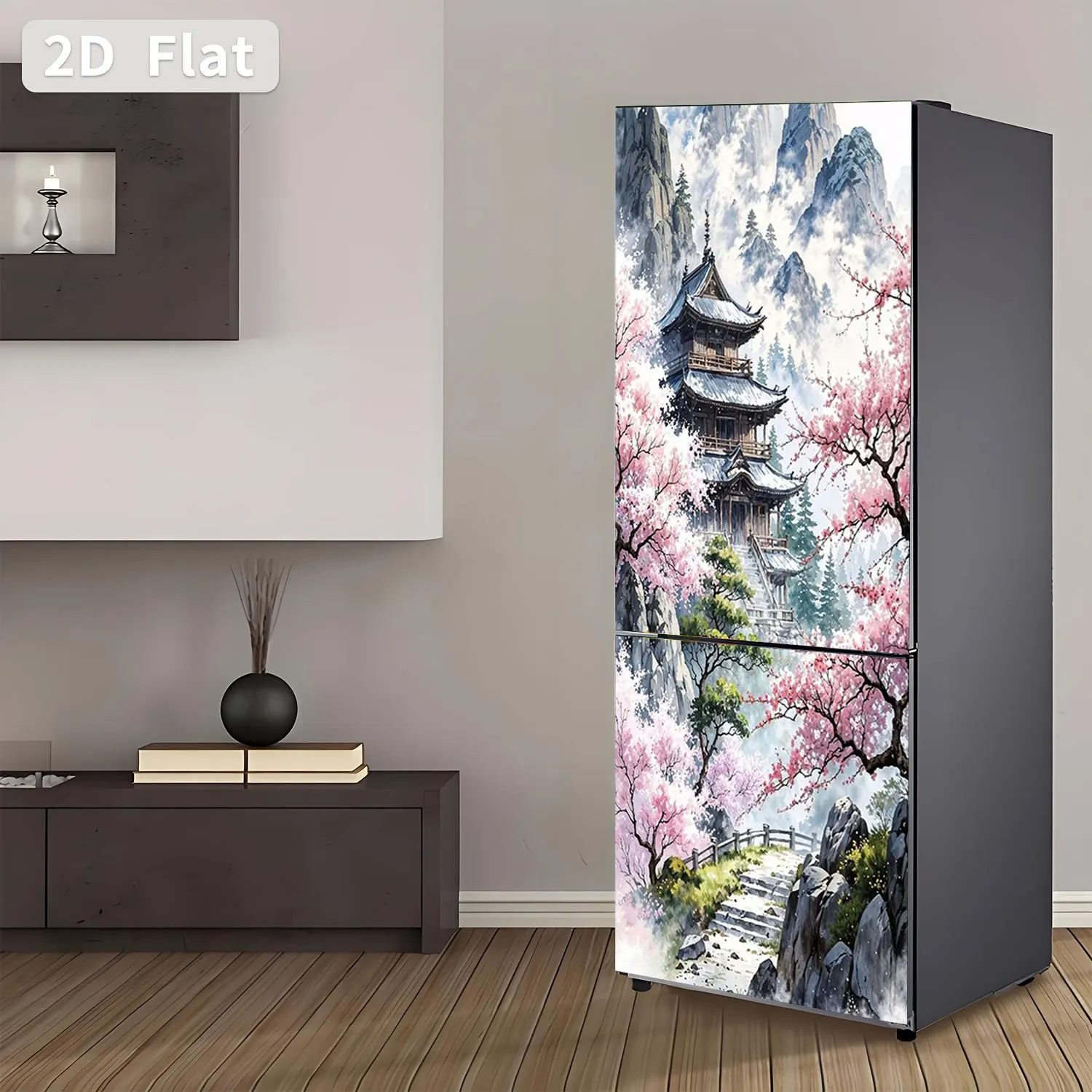 Refrigerator Sticker Mountain Temple Spring Cherry Blossom Theme Design Wall Sticker Decorative Wallpaper Self-Adhesive Suita