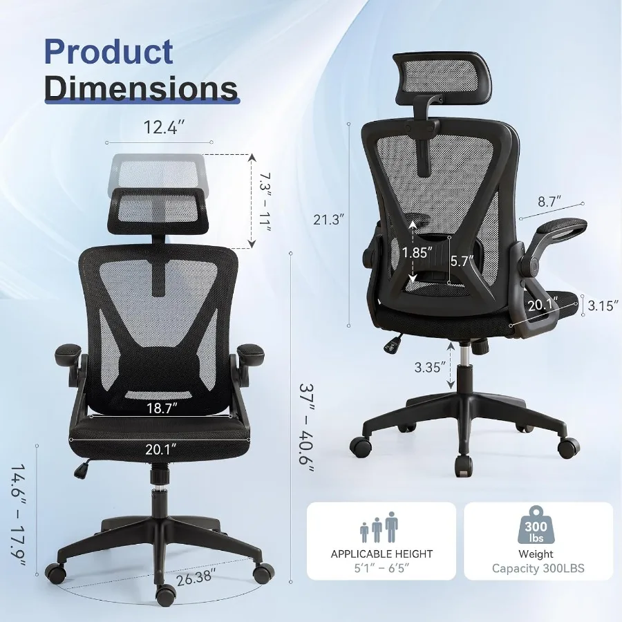 Mesh Office Chair with Adjustable Lumbar Support, Ergonomic High Back Desk Chair with Headrest, Swivel Rolling Computer Chair f