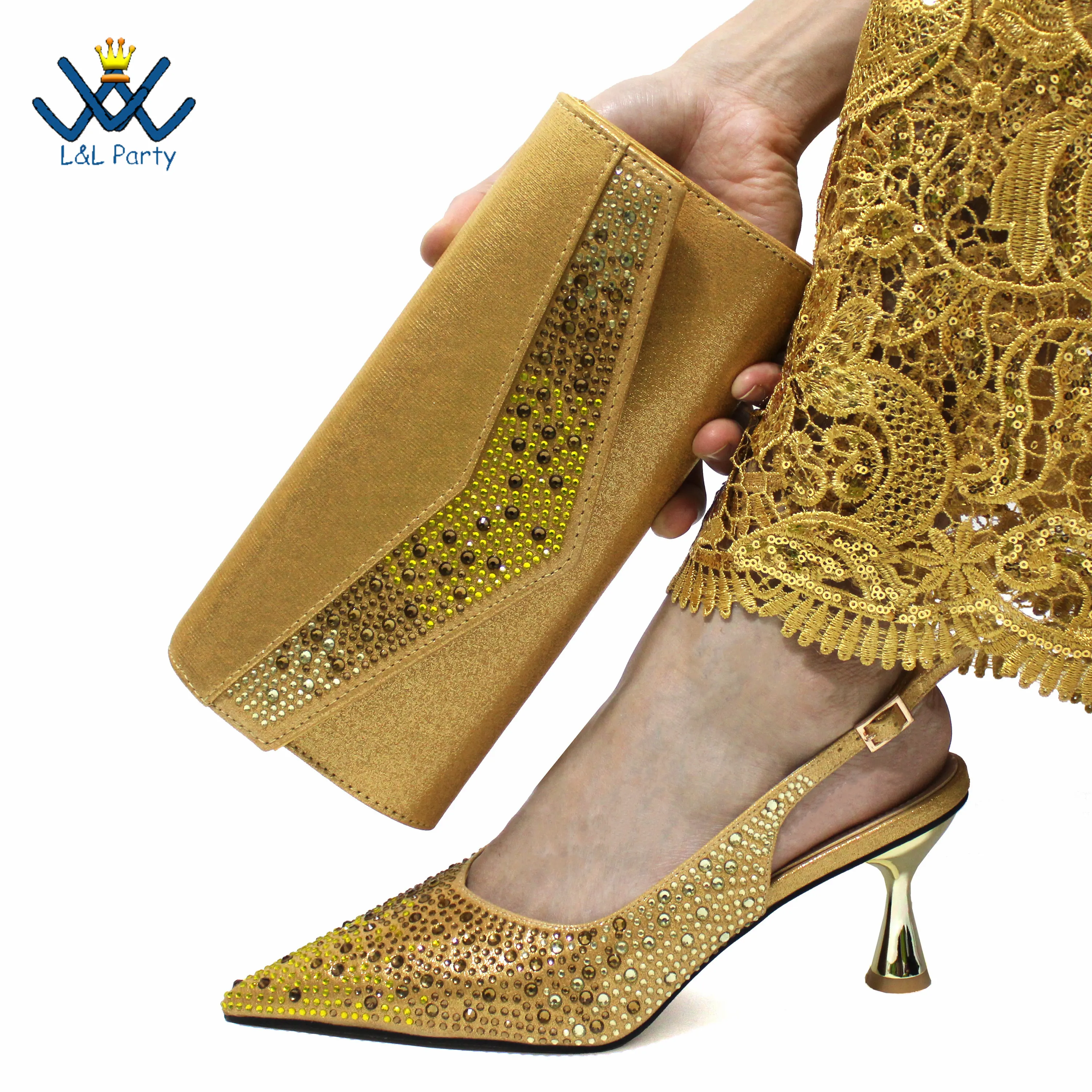 High Quality New Coming Gold Color Italian Women Shoes and Bag Set Mature Style Sexy for Wedding Party