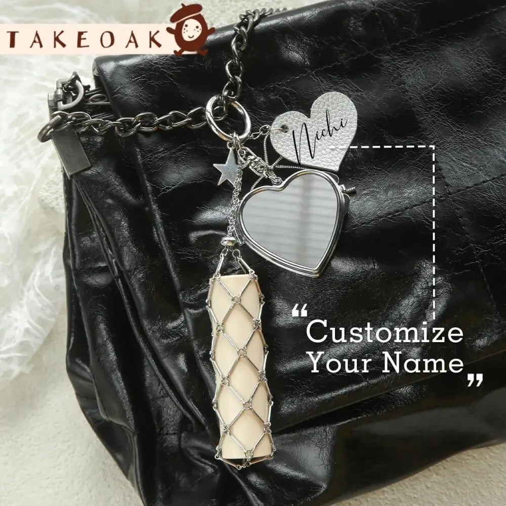 Personalized Custom Name Heart Tag Lipstick Bag Charm Mini Mirror Pendant Keychain Gift For Women Girls