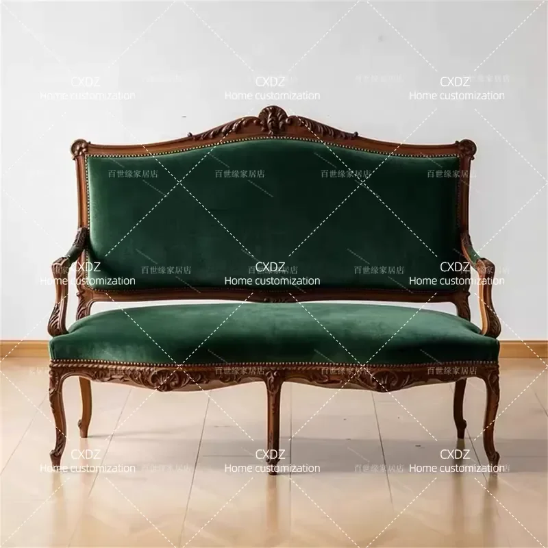 Rural Solid Wood Retro Double Sofa Small Apartment Three Person Living Room Sofa Villa Leisure Sofa
