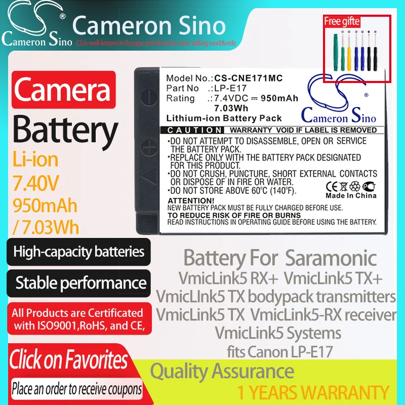 CameronSino Battery for Saramonic VmicLink5 RX+ VmicLink5 TX+ VmicLink5 TX VmicLink5 Systems fits Canon LP-E17 camera battery