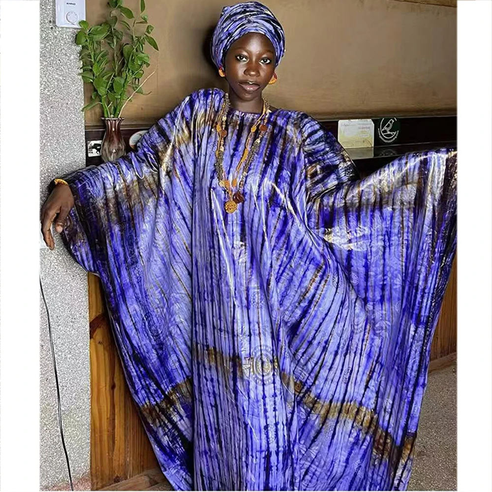 

Shiny Boubou Women Party Dashiki Robe Boubou Printed Soft Cotton Brocade African Ankara Long Dresses With Scarf Clothes Robe