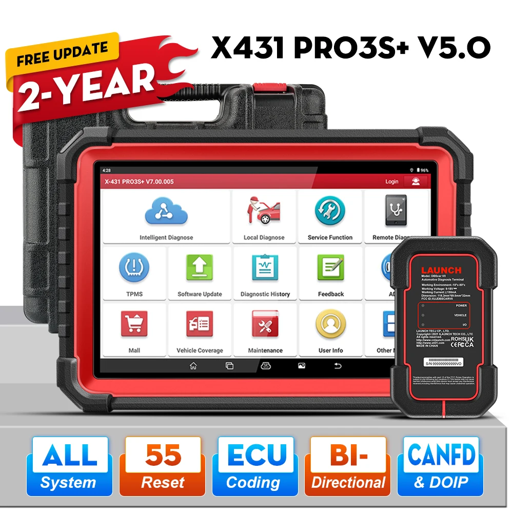 LAUNCH X431 PRO3S+ V5.0 Scanner OBD2, Codage ECU Bidirectionnel, Outil de Diagnostic Automobile Tous Systèmes, Tous Services CANFD FCA DOIP