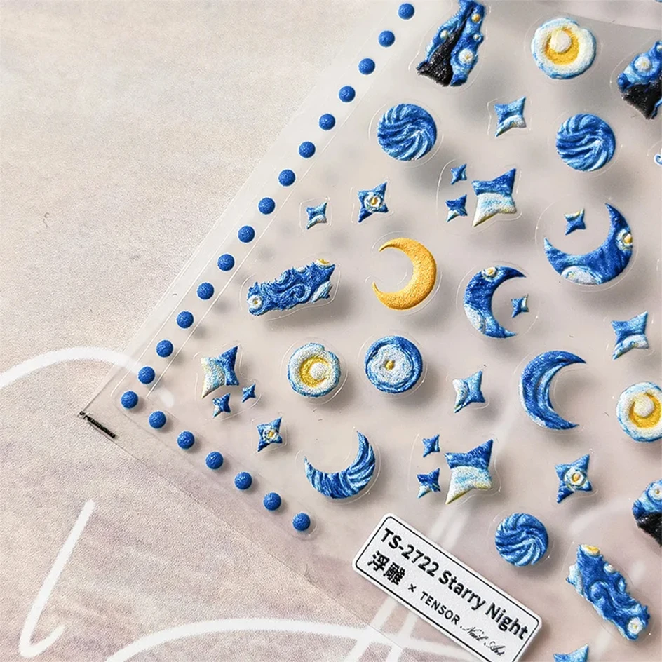 Noche Estrellada azul para mujer, pegatinas autoadhesivas para decoración de uñas, estrellas blancas, calcomanías de manicura 3D, relieve suave, 5D