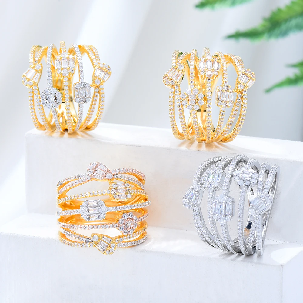 

SisCathy Statement Luxury Micro Cubic Zircon Width Rings for Women Hollow Finger Hoop Finger Ring Party Jewelry Female Nobleman