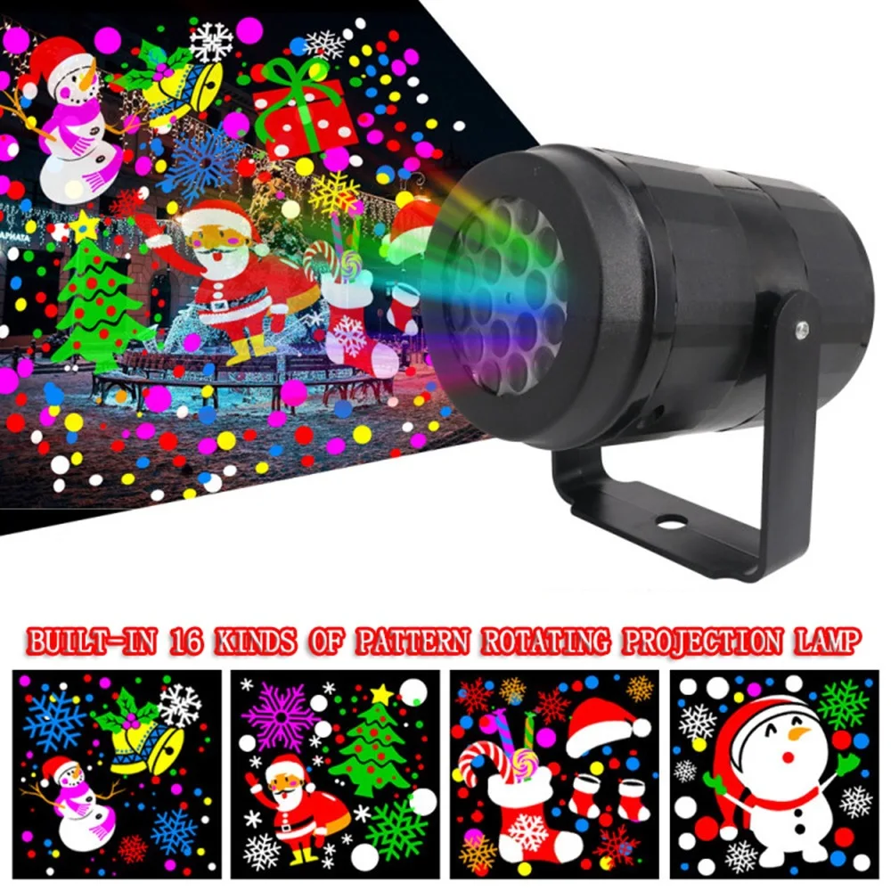 8W LED Projector Christmas Decor Night Light Snowflake Projectors Outdoor 360° Rotating 16 Xmas Patterns Spotlight For Holiday