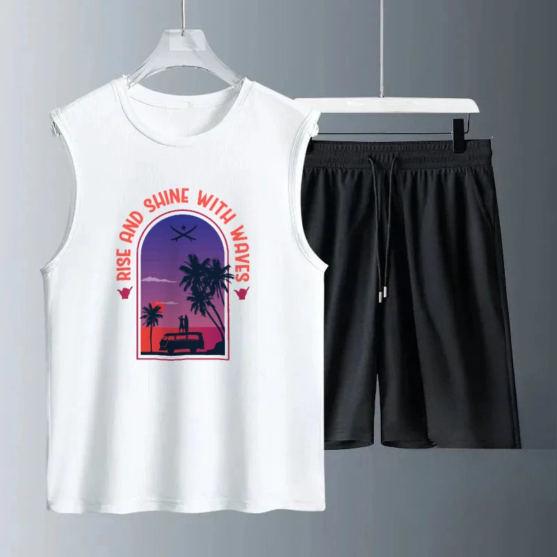 

2025 мужские летние фиолетовые повседневные комплекты без рукавов с принтом в виде веера и автобуса, дышащие удобные модные спортивные костюмы, спортивные костюмы, комплекты для спортзала