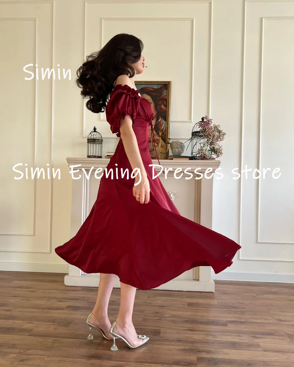 Simin Satin A-line Off-the-shoulder Neckline Ruffle Populer Prom Gown Ankle-length Evening Elegant Party dresses for women 2023