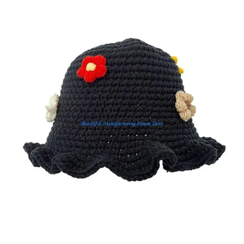 

E56A Fashion Crochet Flower Bucket Hat for Woman Summer Spring Sunproof Fisherman Hat