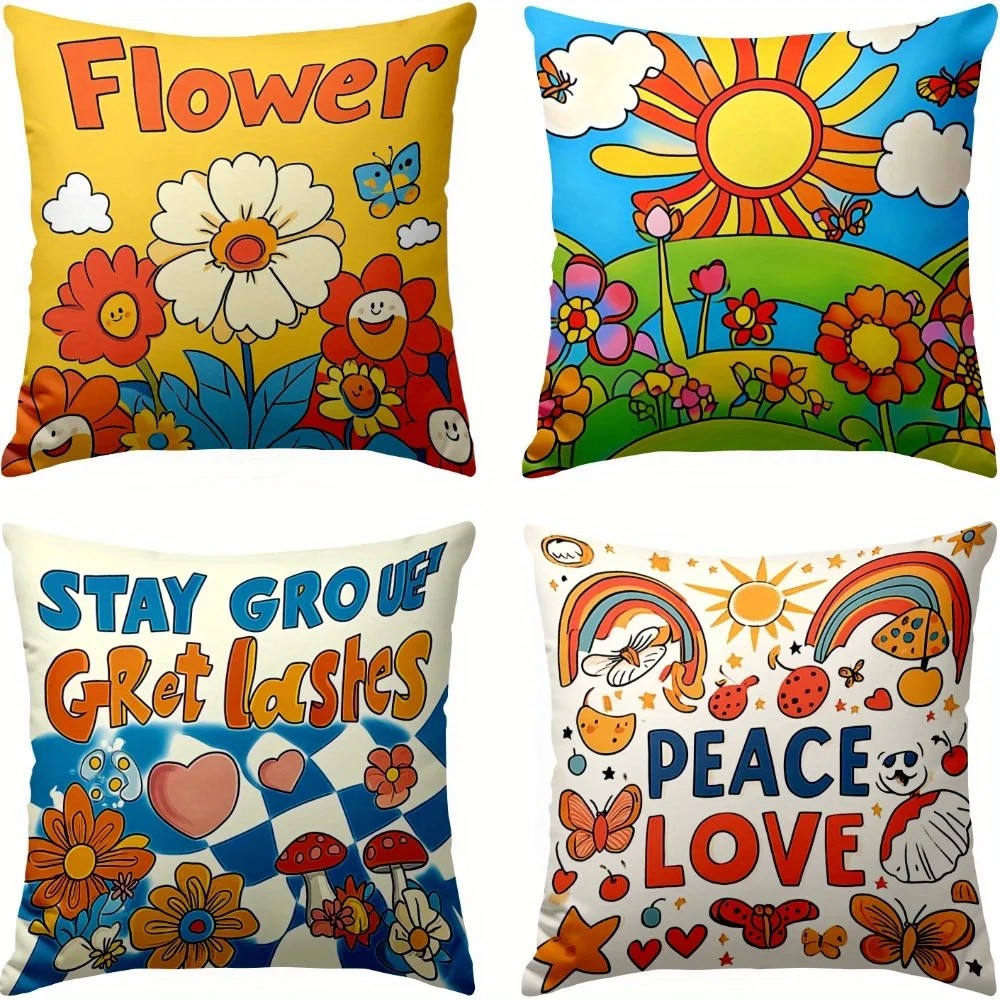 

4Pcs Retro Hippie Throw Pillow Covers, Colorful Flower Sun Peace Love Cushion Cases for Living Room Sofa Home Decor