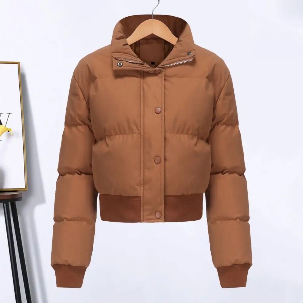 Women's Short Thicken Jacket Zip Up Solid Warm Coat For Autumn Winter Lightweight High Collar Padded Coat For Daily Wear Work