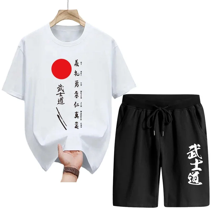

Summer New Arrival Men's Tracksuit Japanese Bushido Print T-shirts Walking Shorts 2 Piece Set Male Home Outdoor Casual Outfits