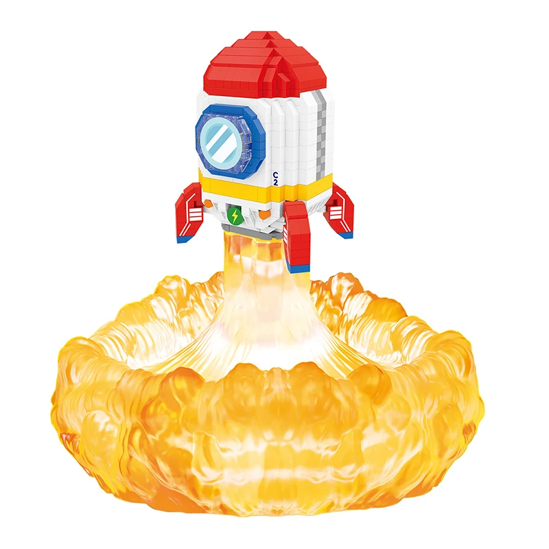 Set di blocchi di costruzione con razzo spaziale Modello di cartone animato aerospaziale con luce notturna assemblato giocattolo da costruzione per regalo di compleanno per ragazzo