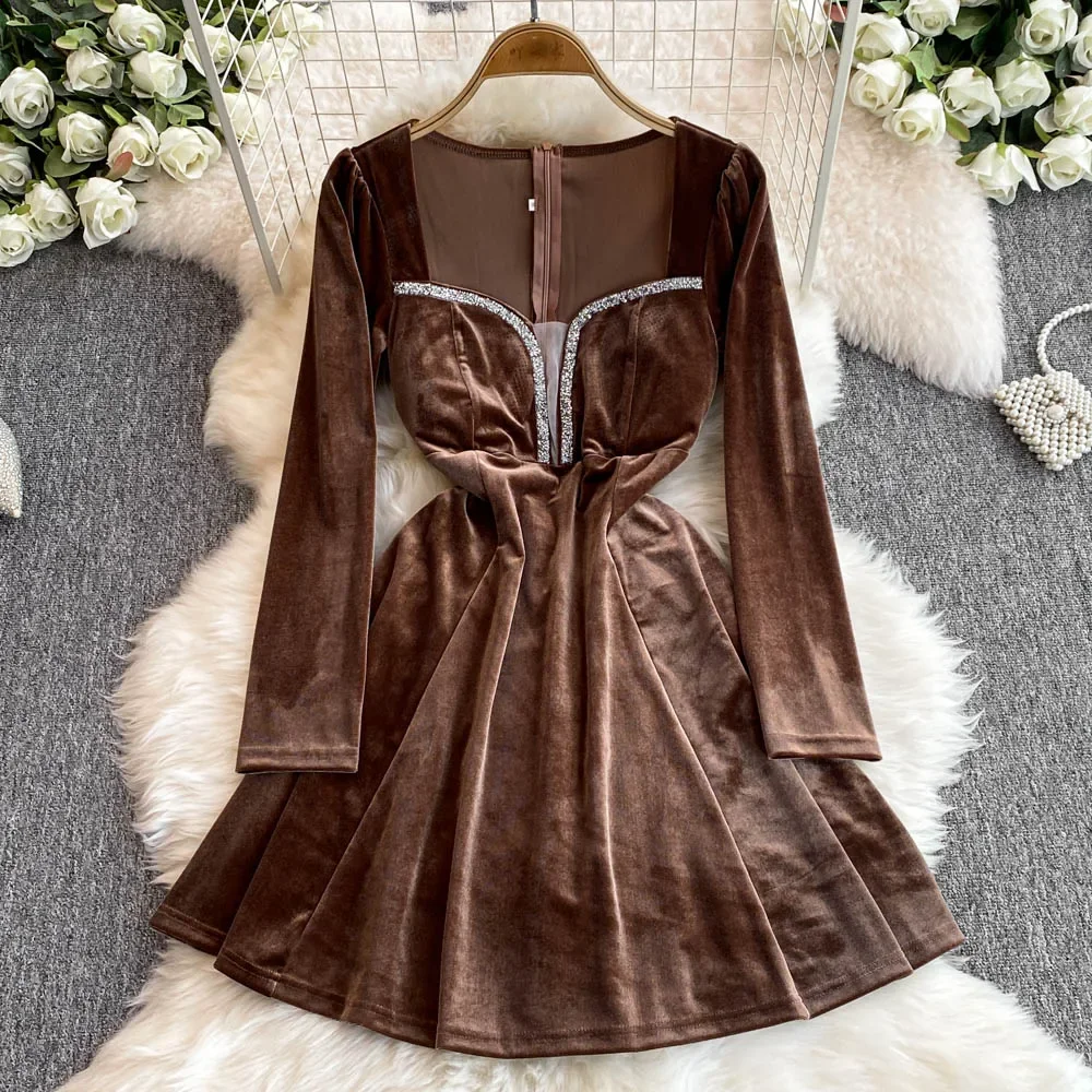 Elegant Square Neck Vintage Long Sleeve Chic Mesh Spliced Sequins Slim A-line Velvet Dress Autumn Women Fashion Ceremonial Dress