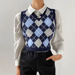 Vintage Knitted Women Sweater Vest Y2K Aesthetic Sweet Cute 90s Slim Female Crop Waistcoat New Plaid Sleeveless Knitwears