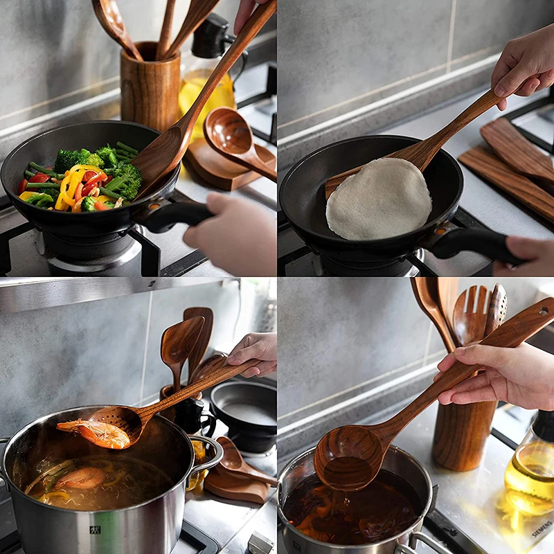 Natural Teak Cooking Spoon Scoop Kitchen Wooden Spatula Non-stick Utensils Set For Cooking With Hanging Hooks Cookware Tool
