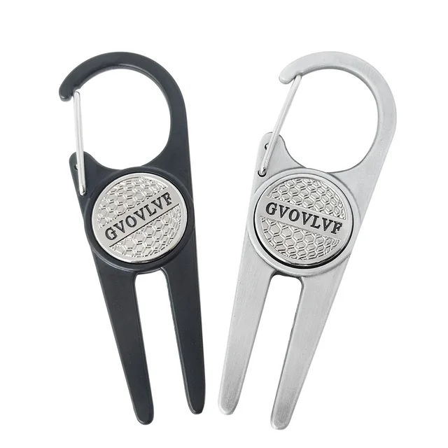 GVOVLVF Przenośne narzędzie do naprawy rowków golfowych Pitch Cleaner Golf Matte Effect Pitchfork Slivery and Black z zapięciem do znaków golfowych
