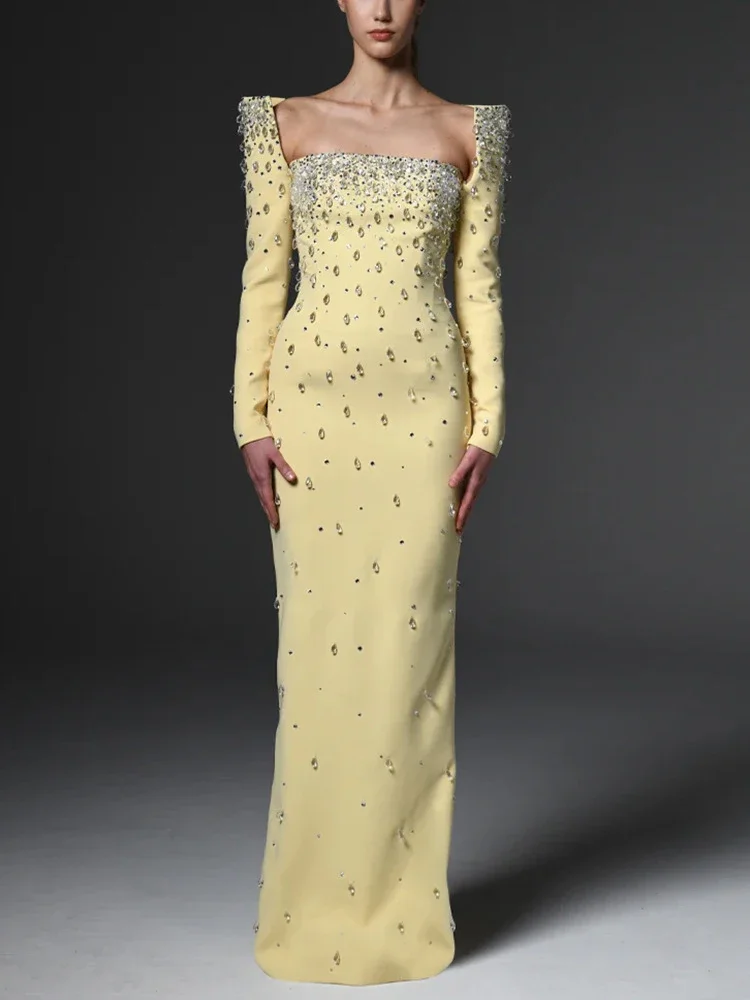 

Sexy Square Collar Luxury Diamonds Maxi Dress Women Yellow Long Sleeves Crystal Beaded Slim Dresses Evening Party Gowns