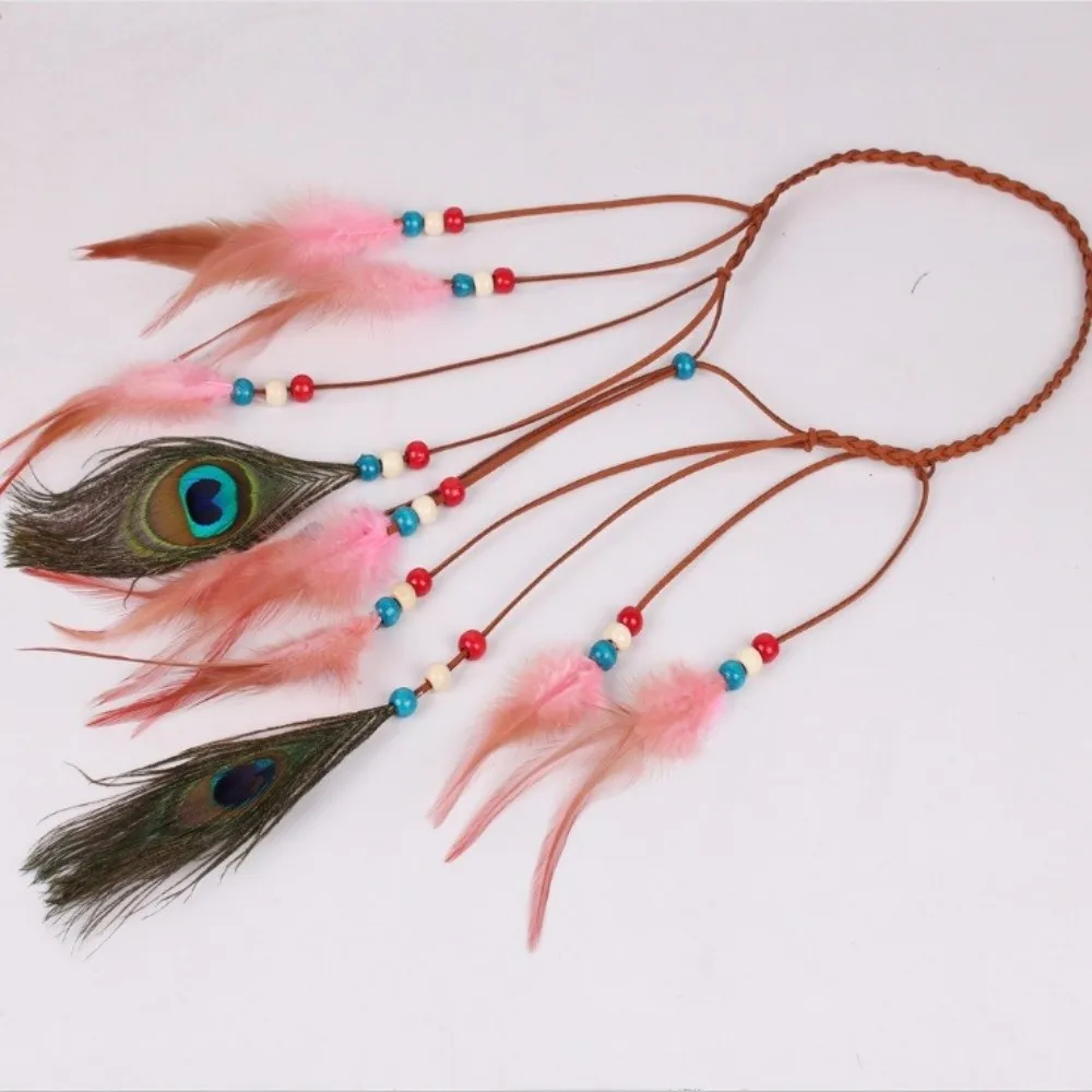 Cascading Tassels Long Feather Headpiece Braided Cord Hand-tied Plumage Bohemian Tassel Headband Natural Earthy Tones