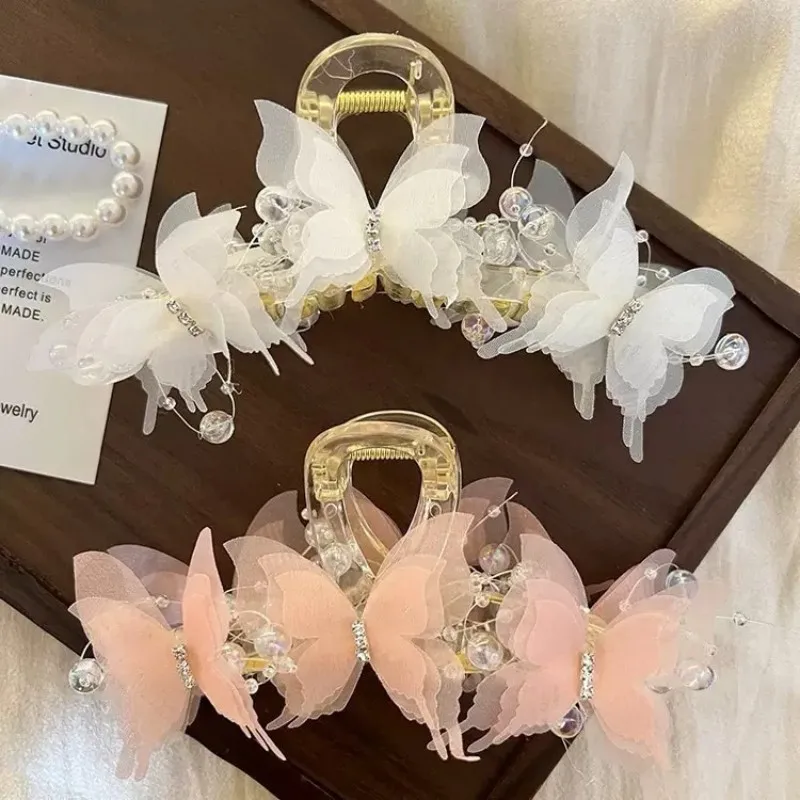 Light Blue/Pink Sheer Butterfly Claw Clip | Pearl Rhinestone Fairycore Hair Grabber | Elegant Romantic Hair Accessory