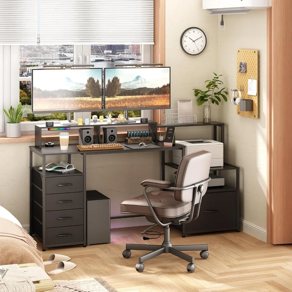 Computer Desk with Drawers, 67 Inch Desk with Storage, Work Desk with Power Outlet and Drawers, Work Desk for Home Office