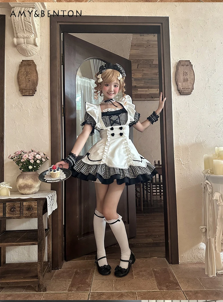 Costume de Cosplay de demoiselle d'honneur Original, Lolita, doux et mignon, à volants, manches courtes, col carré, Mini robe à carreaux, robe bouffante gothique sous-culture