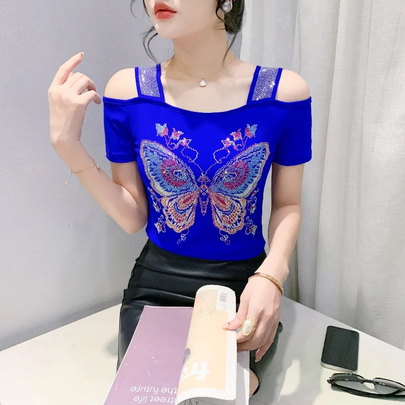 M-3XL New Summer European Clothes T-Shirt Women Fashion Sexy Off Shoulder Shiny Diamonds Butterfly Tops Female Slim Mesh Tees