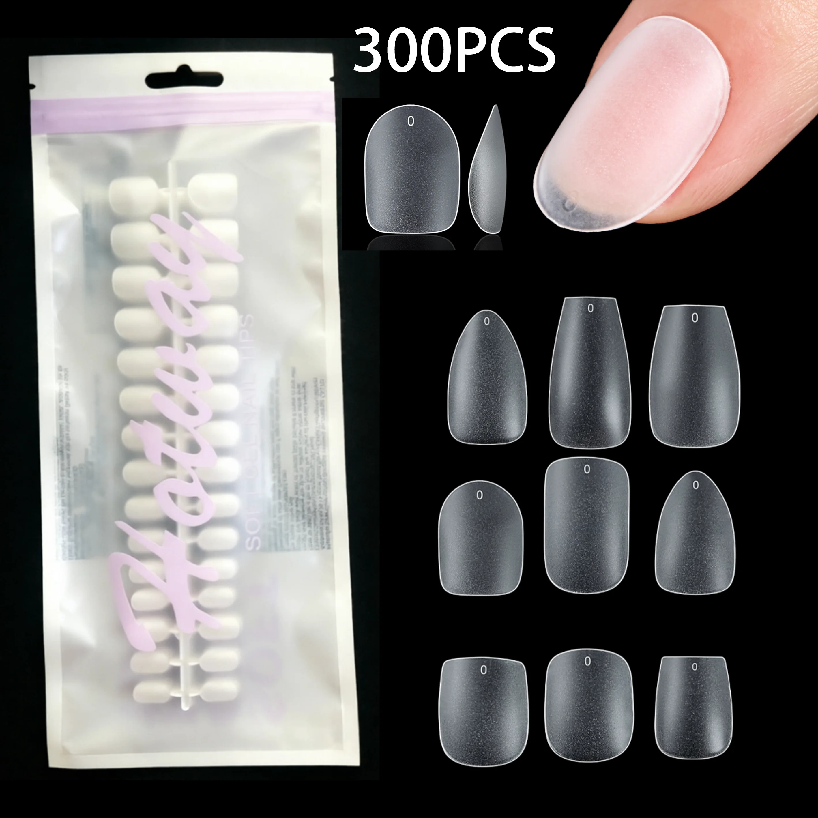 300 faux ongles, 15 tailles différentes, formes amande, ovale, cercueil, carrée, ultra-fins, sans trace, finition mate complète, anti-rayures