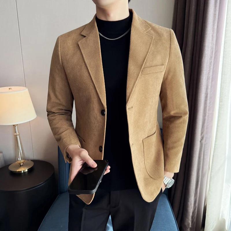 2026 Blazer Fashionable Formal Outdoor Gentleman Business Solid Color Casual and Slimming Wedding Host Gentleman Corduroy Blazer