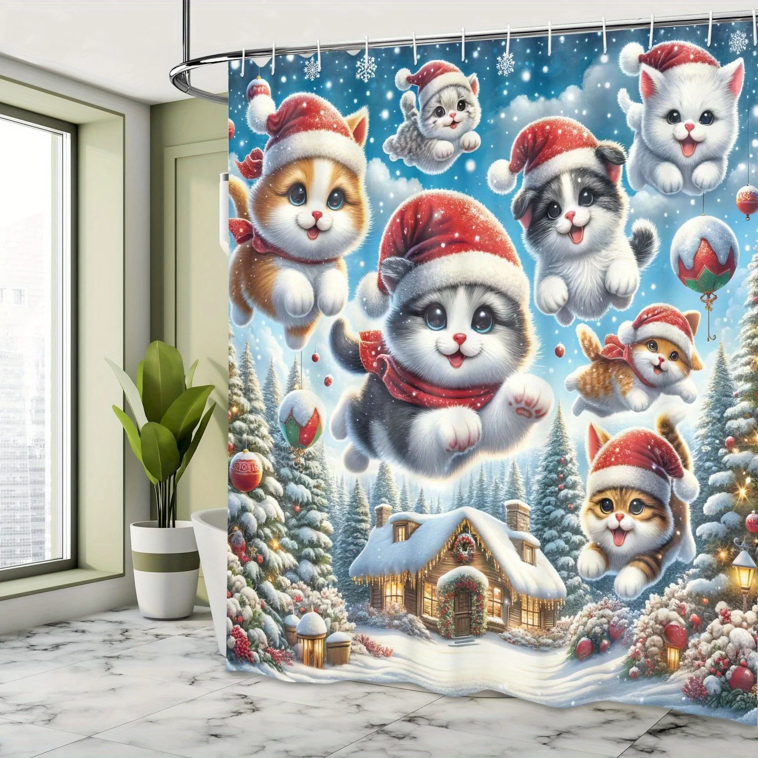 Cute Christmas Cat Shower Curtain, Santa Hat Kitten Snowy Village Print, Xmas Bathroom Decor, Waterproof Polyester Fabric Bath