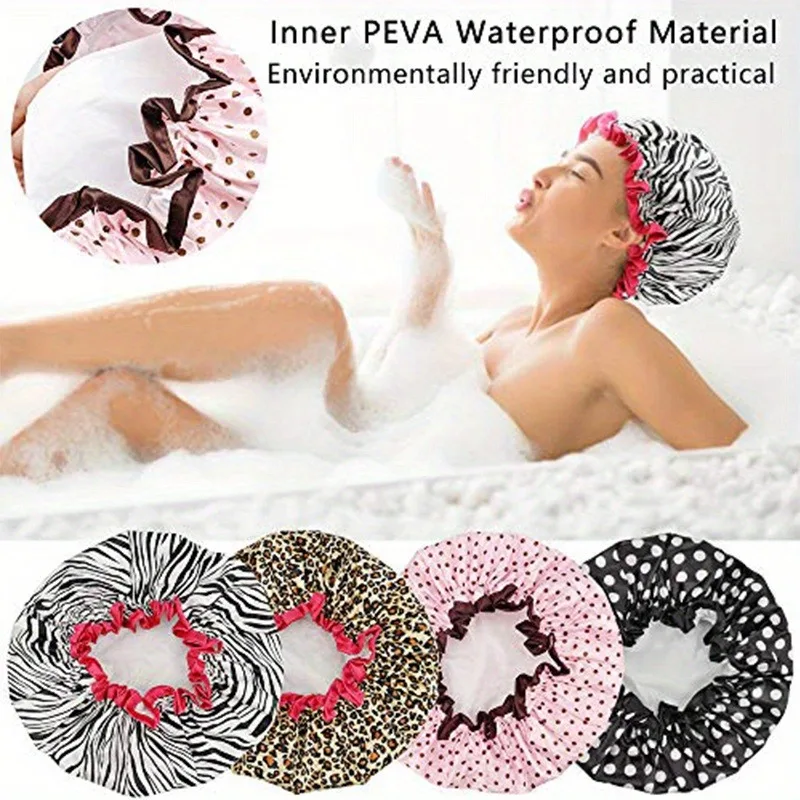 1PC Waterproof Shower Cap Leopard Print Double Layer Elastic Shower Hair Cover Reusable Wave Point Shower Cap Bathroom Supplies