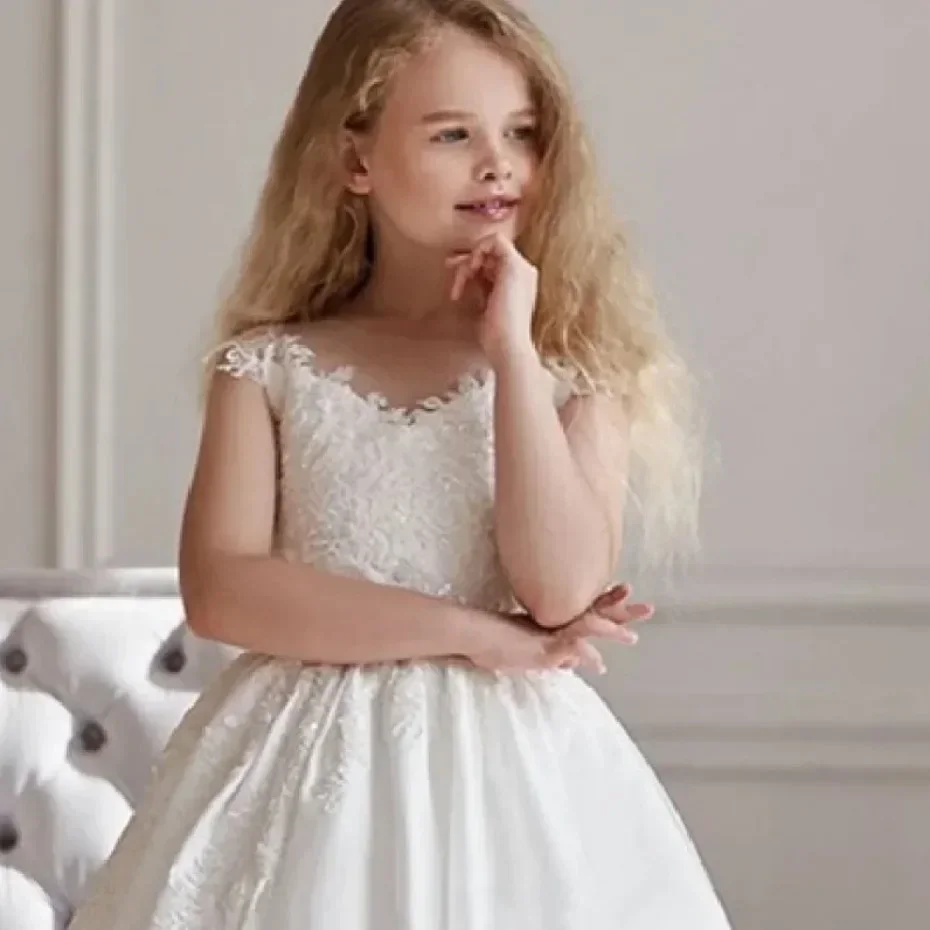 Abito da ragazza di fiori bianchi senza maniche in Tulle Applique bambino bambina matrimonio festa di compleanno Prom Holiday First comunione Dress